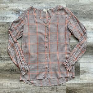 Long Sleeve V-Neck Plaid Button Down Blouse Navy Brown and Orange s